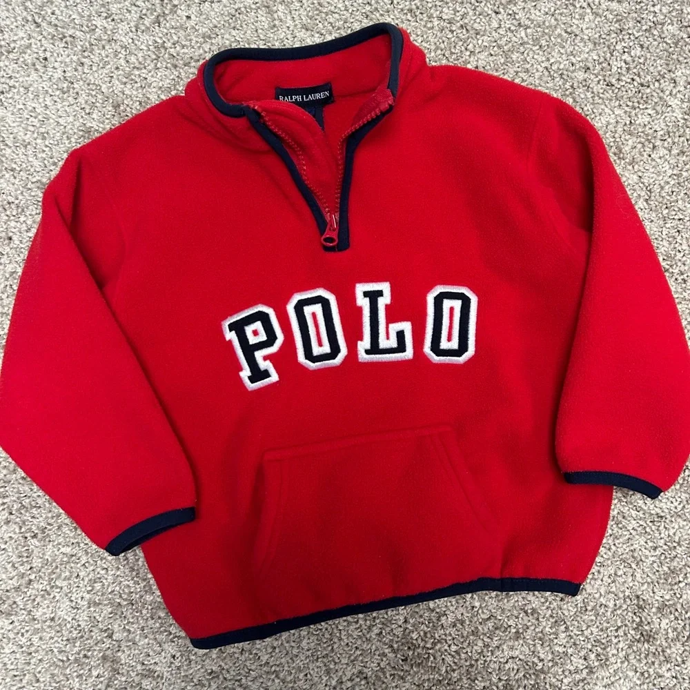 Ralph Lauren Toddler Red Fleece 1/4 Zip Pullover POLO Spellout Kangaroo Size 3T
